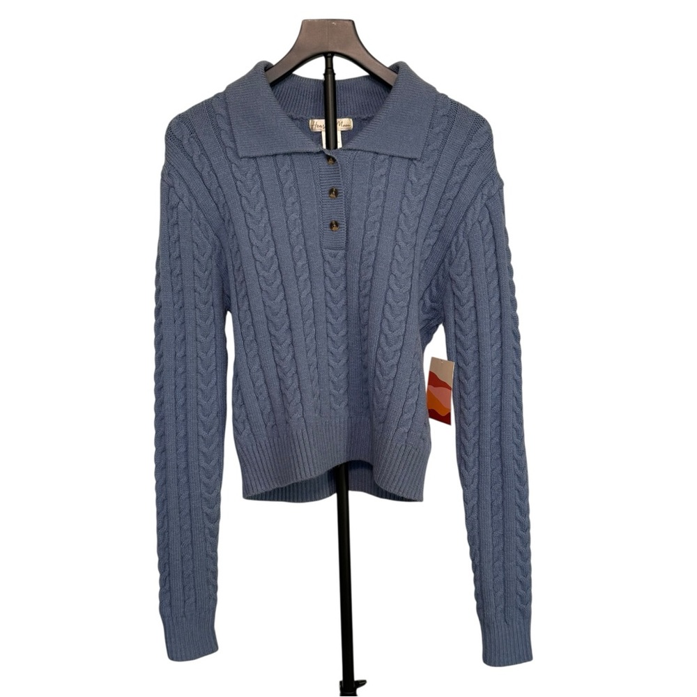 Heart & Moon Blue Cable Knit Polo Sweater - Women's Large New